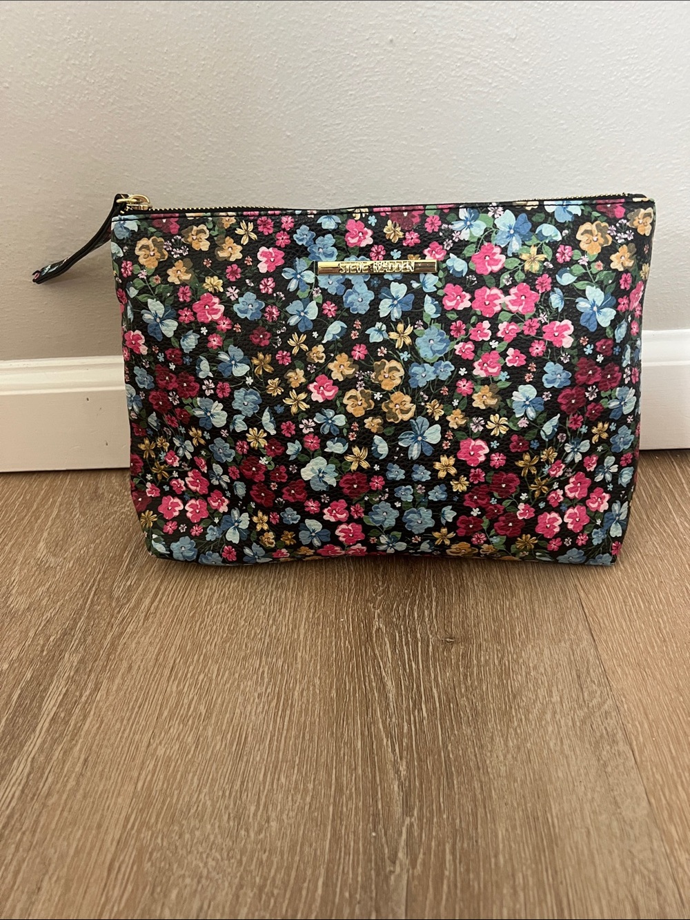 Steve Madden Black Floral Cosmetic Pouch with Pink, Blue & Gold Flowers